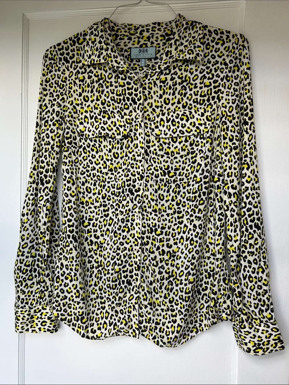Hawes & Curtis Leopard Print Button-Up Blouse in Black & Yellow Size 10